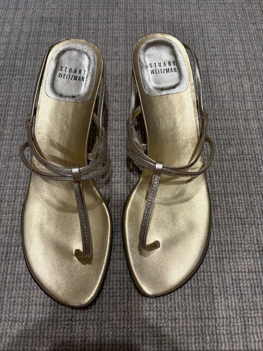 Stuart Weitzman Metallic Gold Strappy Thong Heels